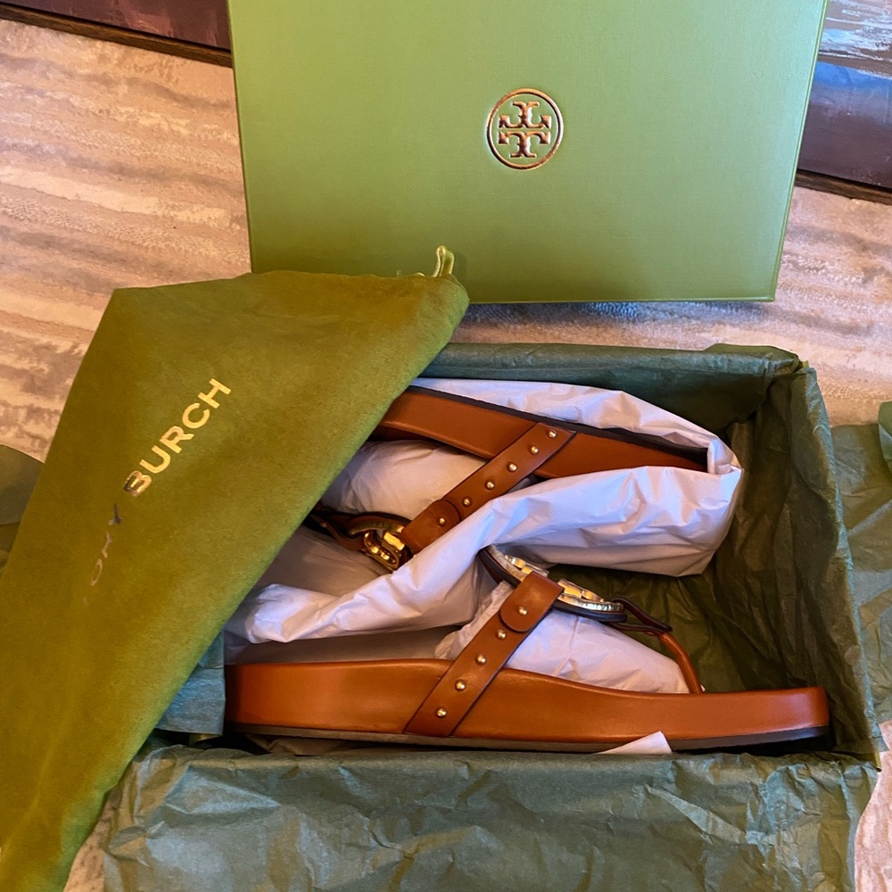 ✨NEW✨ Tory Burch Miller Cloud Vintage Plaque Sandals in Bourbon Miele-Size 7.5 - Picture 4 of 7